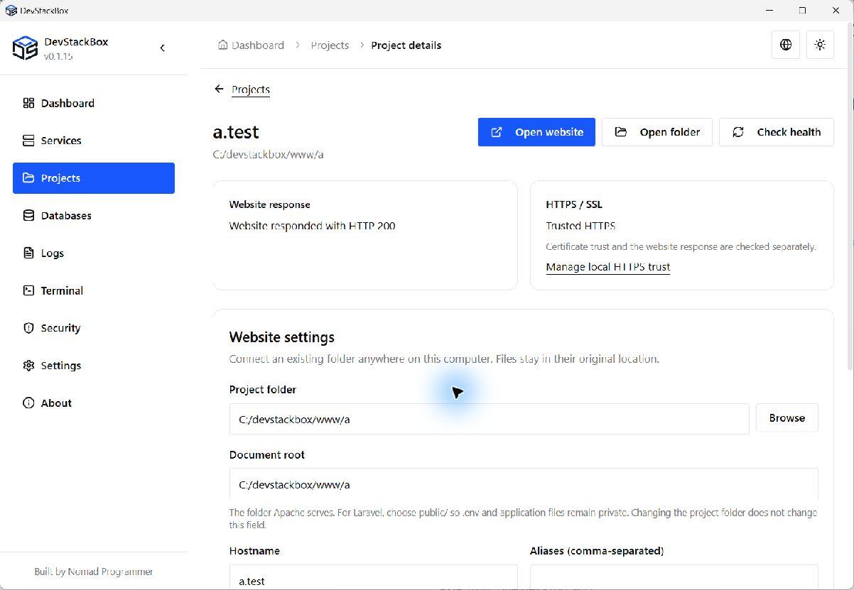 Real project details: HTTP 200 and trusted HTTPS checked separately, with folder and document-root settings below.