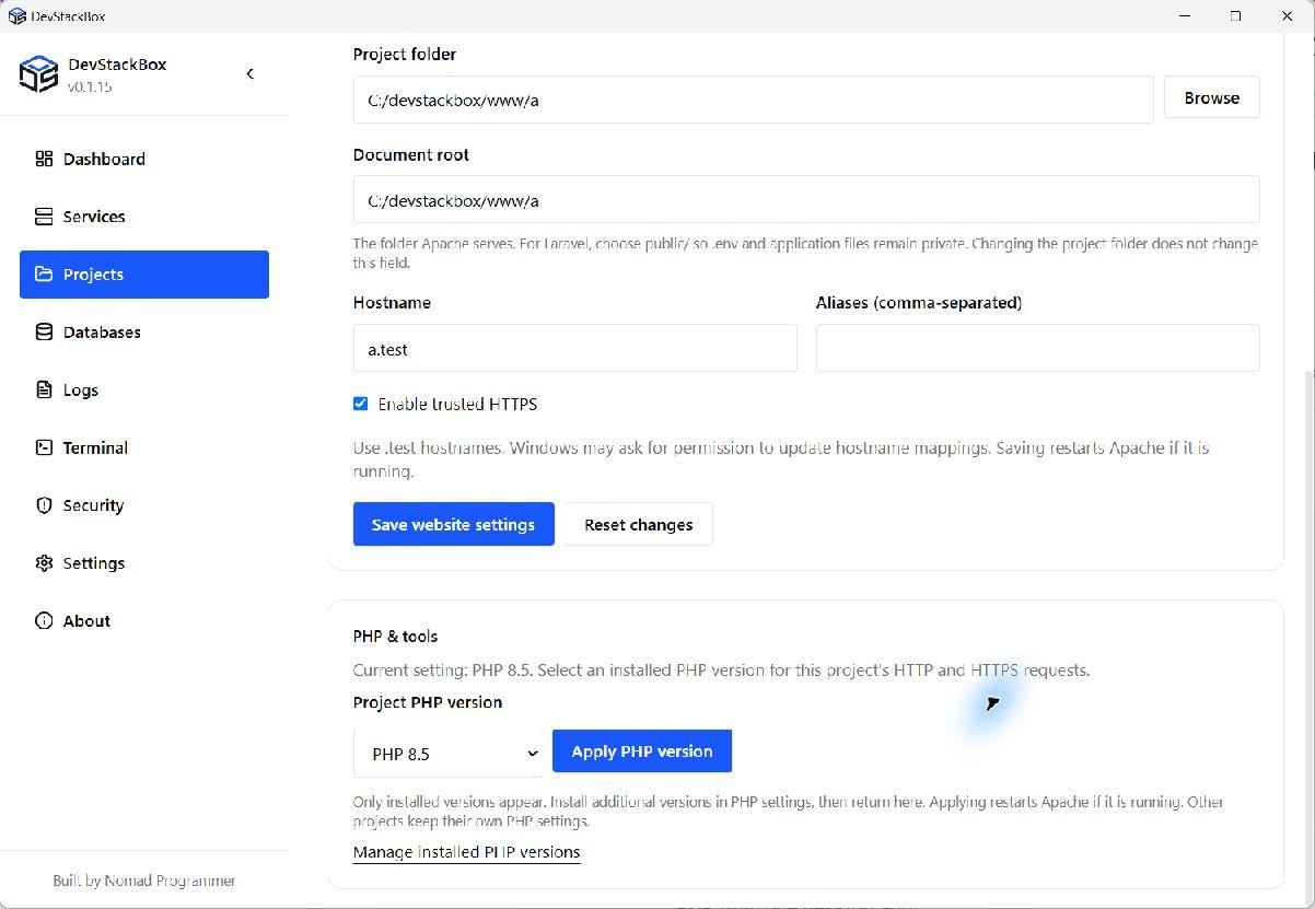 Project details with per-site PHP and HTTPS enabled in DevStackBox