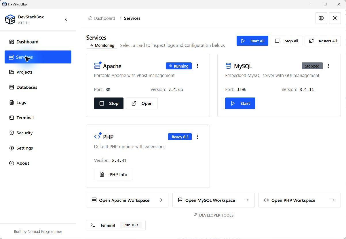 DevStackBox Services showing Apache 2.4.65, MySQL 8.4.11, and bundled PHP 8.3.31